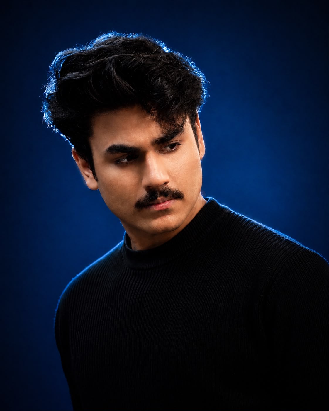Portrait of Subhan Ahmed, professional video editor, in a black turtleneck